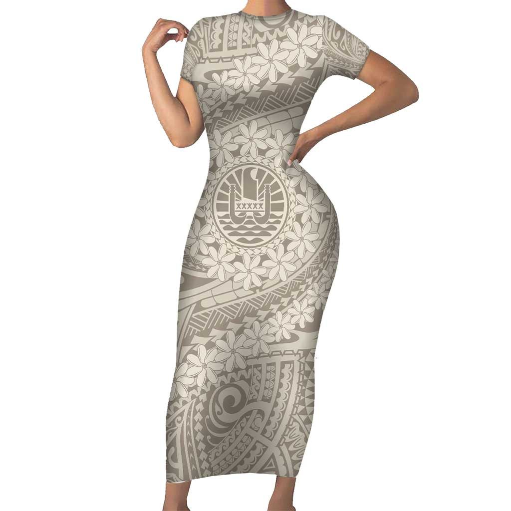 Tahitian Tiare Flower Short Sleeve Bodycon Dress Beige Polynesian Pattern