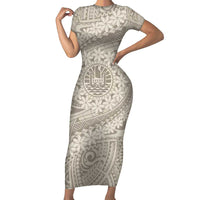 Tahitian Tiare Flower Short Sleeve Bodycon Dress Beige Polynesian Pattern LT9 Long Dress Beige - Polynesian Pride