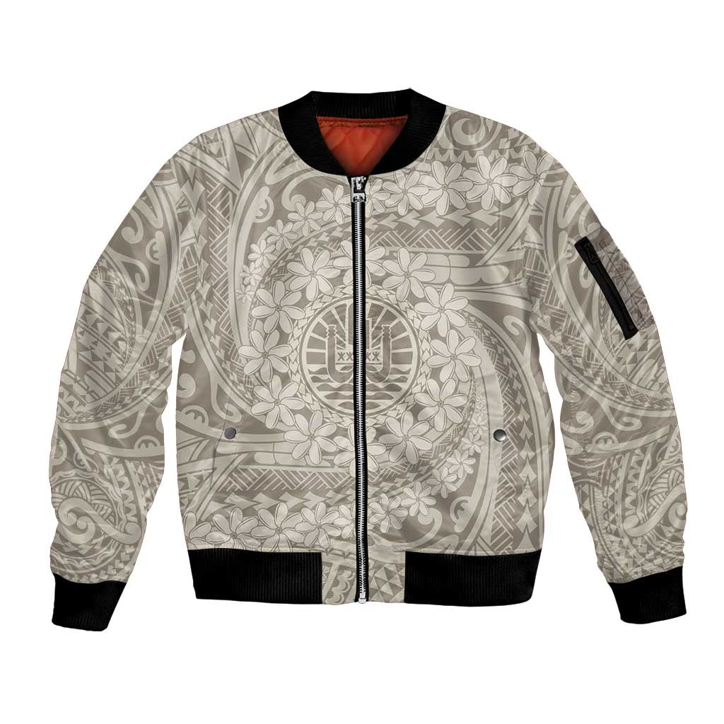 Tahitian Tiare Flower Sleeve Zip Bomber Jacket Beige Polynesian Pattern