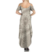 Tahitian Tiare Flower Summer Maxi Dress Beige Polynesian Pattern LT9 - Polynesian Pride