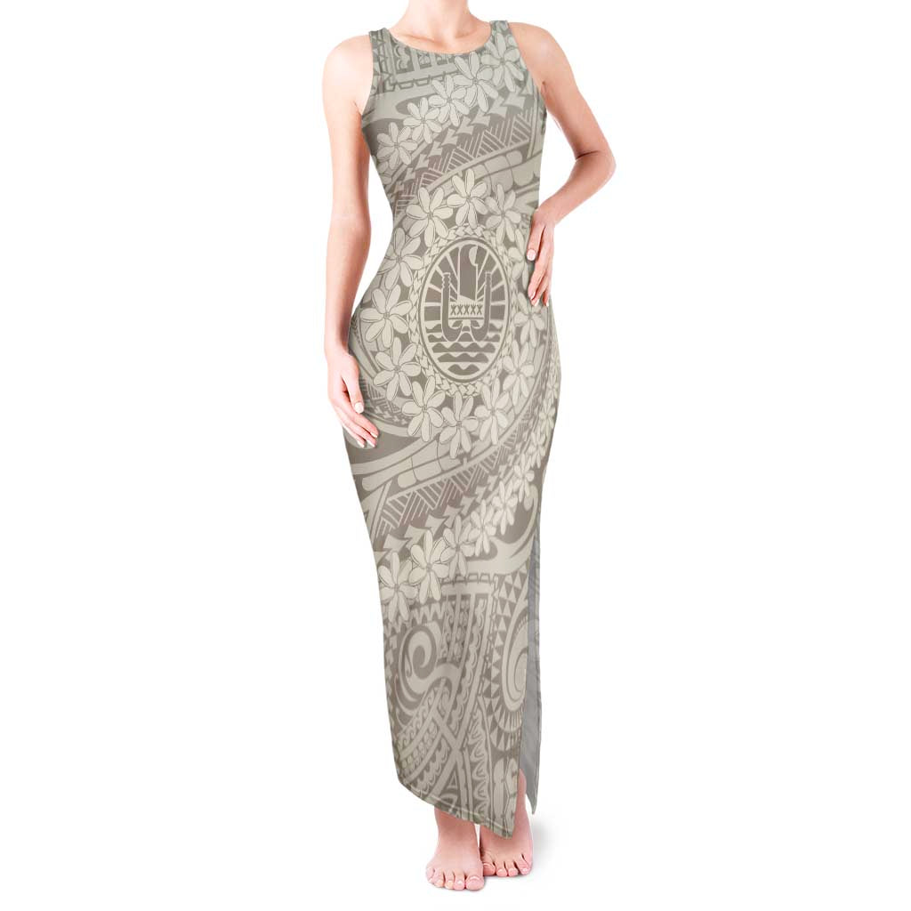 Tahitian Tiare Flower Tank Maxi Dress Beige Polynesian Pattern