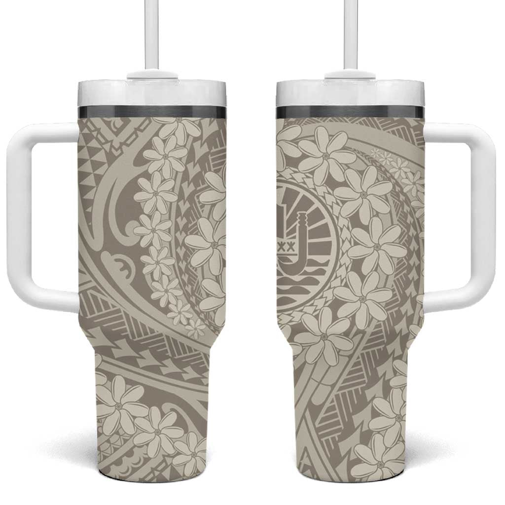 Tahitian Tiare Flower Tumbler With Handle Beige Polynesian Pattern LT9 One Size: 40 oz Beige - Polynesian Pride