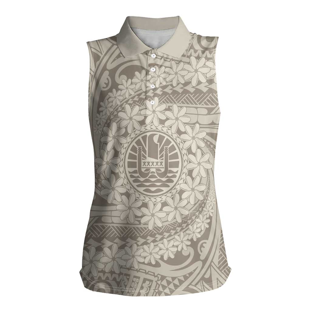 Tahitian Tiare Flower Women Sleeveless Polo Shirt Beige Polynesian Pattern