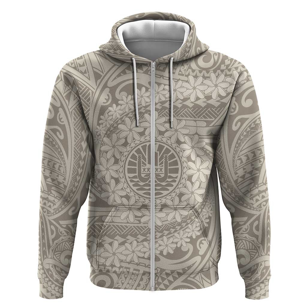 Tahitian Tiare Flower Zip Hoodie Beige Polynesian Pattern