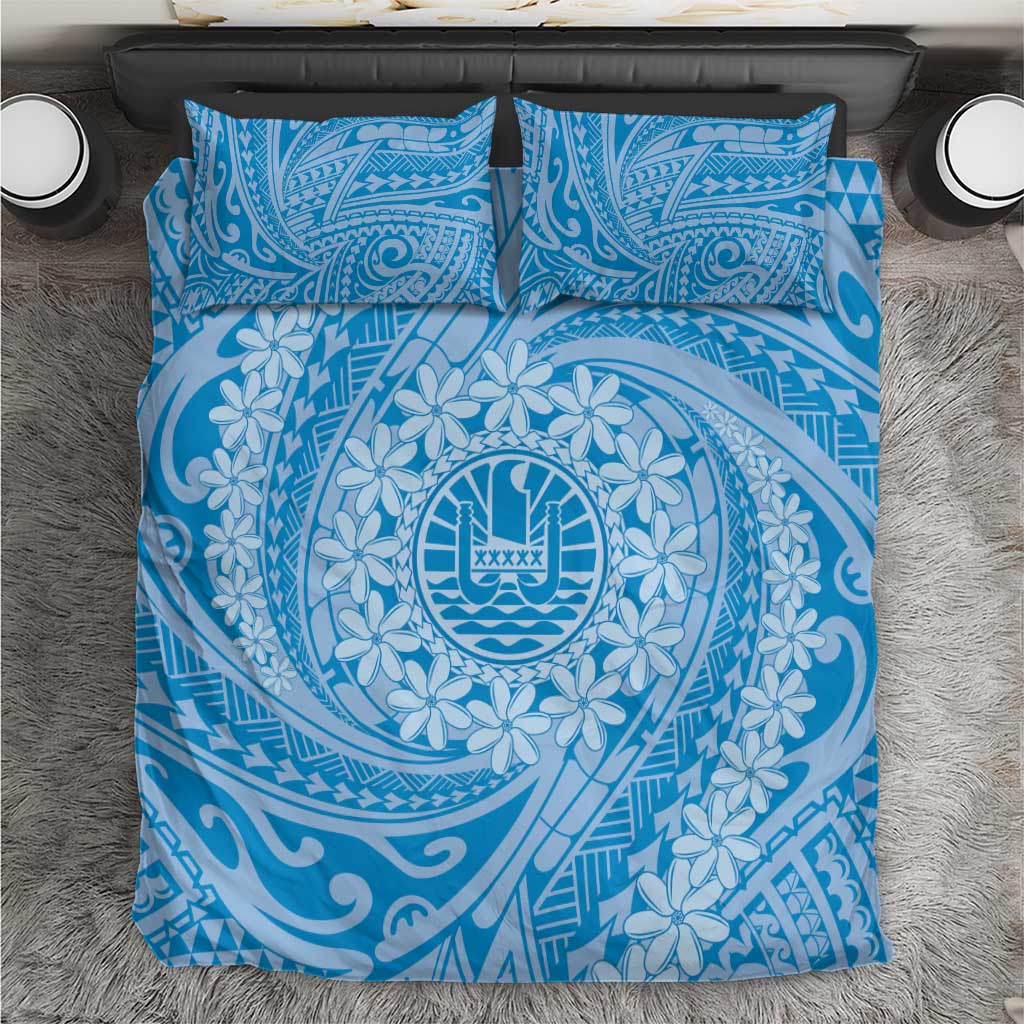 Tahitian Tiare Flower Bedding Set Blue Polynesian Pattern