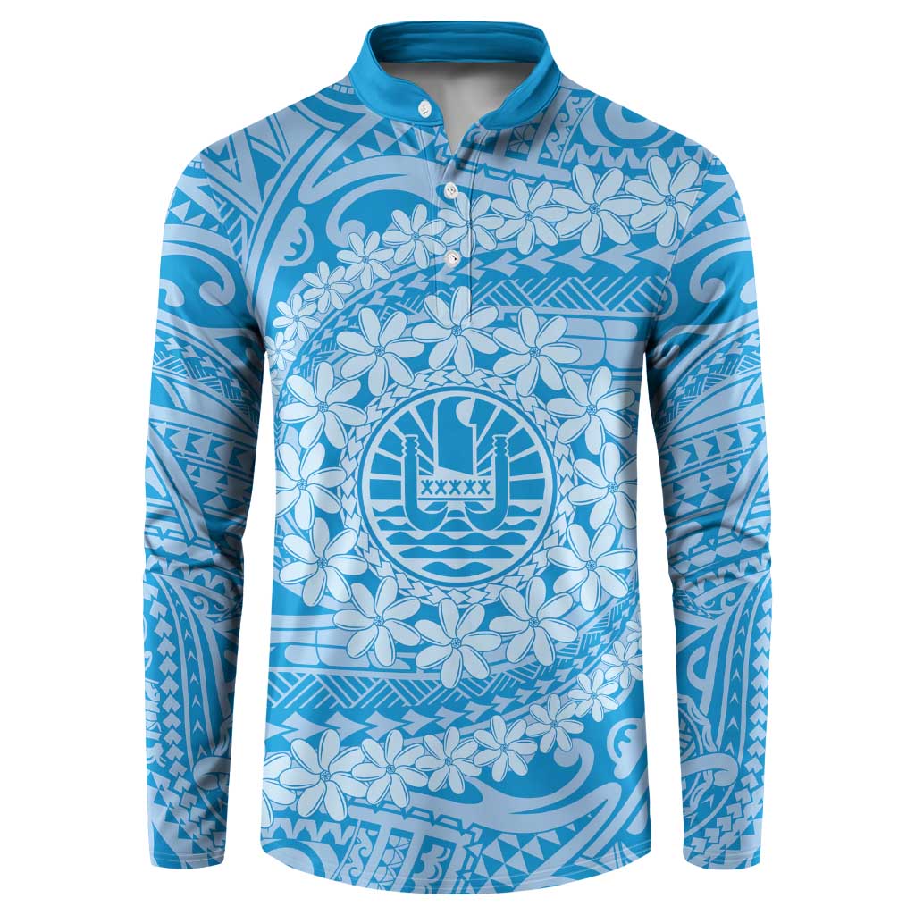 Tahitian Tiare Flower Button Sweatshirt Blue Polynesian Pattern