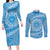 Tahitian Tiare Flower Couples Matching Long Sleeve Bodycon Dress and Long Sleeve Button Shirt Blue Polynesian Pattern