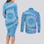 Tahitian Tiare Flower Couples Matching Long Sleeve Bodycon Dress and Long Sleeve Button Shirt Blue Polynesian Pattern