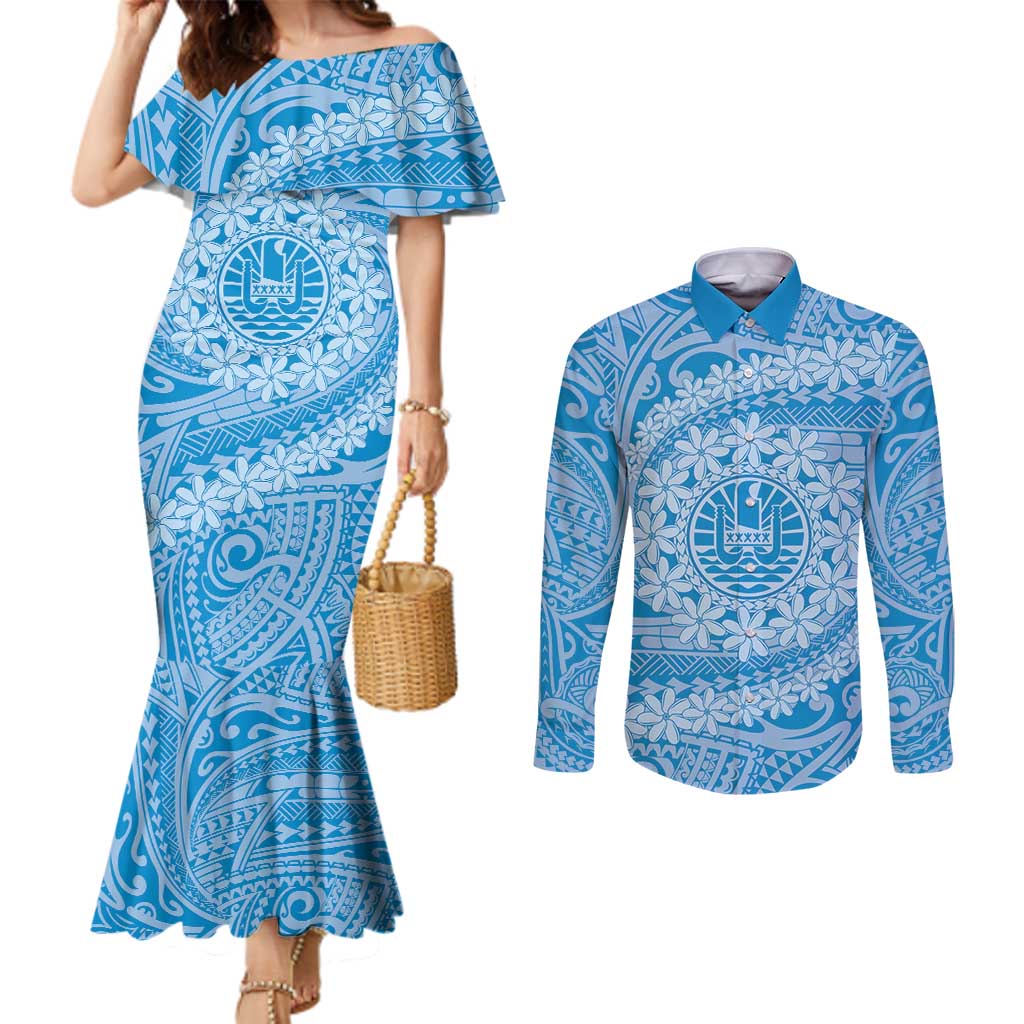 Tahitian Tiare Flower Couples Matching Mermaid Dress and Long Sleeve Button Shirt Blue Polynesian Pattern