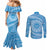 Tahitian Tiare Flower Couples Matching Mermaid Dress and Long Sleeve Button Shirt Blue Polynesian Pattern