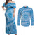 Tahitian Tiare Flower Couples Matching Off Shoulder Maxi Dress and Long Sleeve Button Shirt Blue Polynesian Pattern