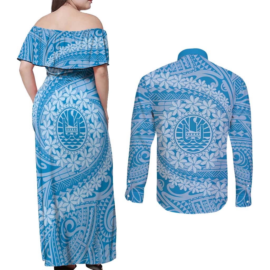 Tahitian Tiare Flower Couples Matching Off Shoulder Maxi Dress and Long Sleeve Button Shirt Blue Polynesian Pattern LT9 - Polynesian Pride