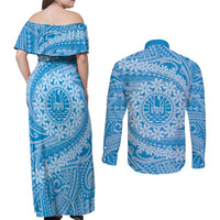 Tahitian Tiare Flower Couples Matching Off Shoulder Maxi Dress and Long Sleeve Button Shirt Blue Polynesian Pattern LT9 - Polynesian Pride