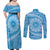 Tahitian Tiare Flower Couples Matching Off Shoulder Maxi Dress and Long Sleeve Button Shirt Blue Polynesian Pattern