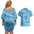 Tahitian Tiare Flower Couples Matching Off Shoulder Short Dress and Hawaiian Shirt Blue Polynesian Pattern