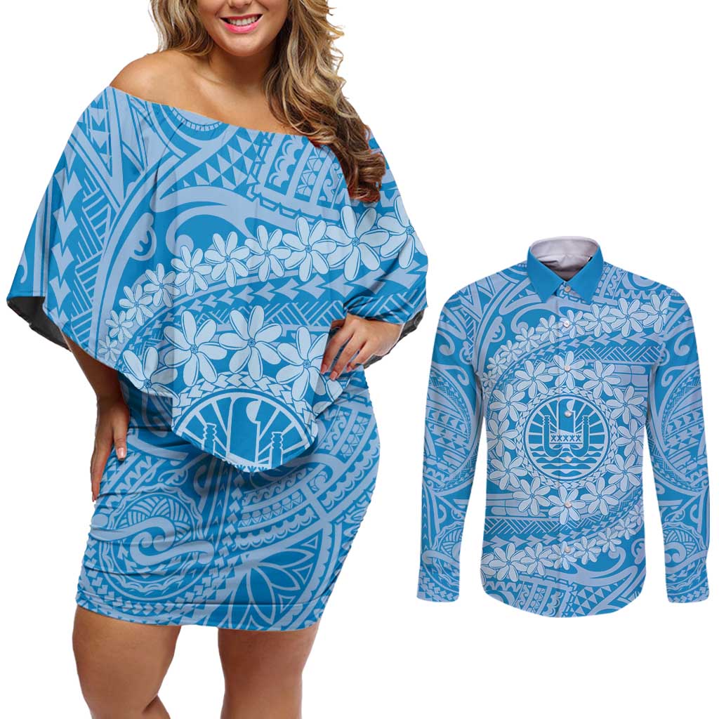 Tahitian Tiare Flower Couples Matching Off Shoulder Short Dress and Long Sleeve Button Shirt Blue Polynesian Pattern