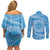 Tahitian Tiare Flower Couples Matching Off Shoulder Short Dress and Long Sleeve Button Shirt Blue Polynesian Pattern