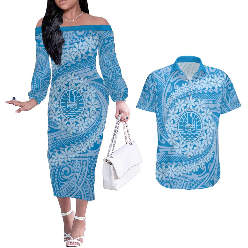 Tahitian Tiare Flower Couples Matching Off The Shoulder Long Sleeve Dress and Hawaiian Shirt Blue Polynesian Pattern