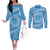 Tahitian Tiare Flower Couples Matching Off The Shoulder Long Sleeve Dress and Long Sleeve Button Shirt Blue Polynesian Pattern