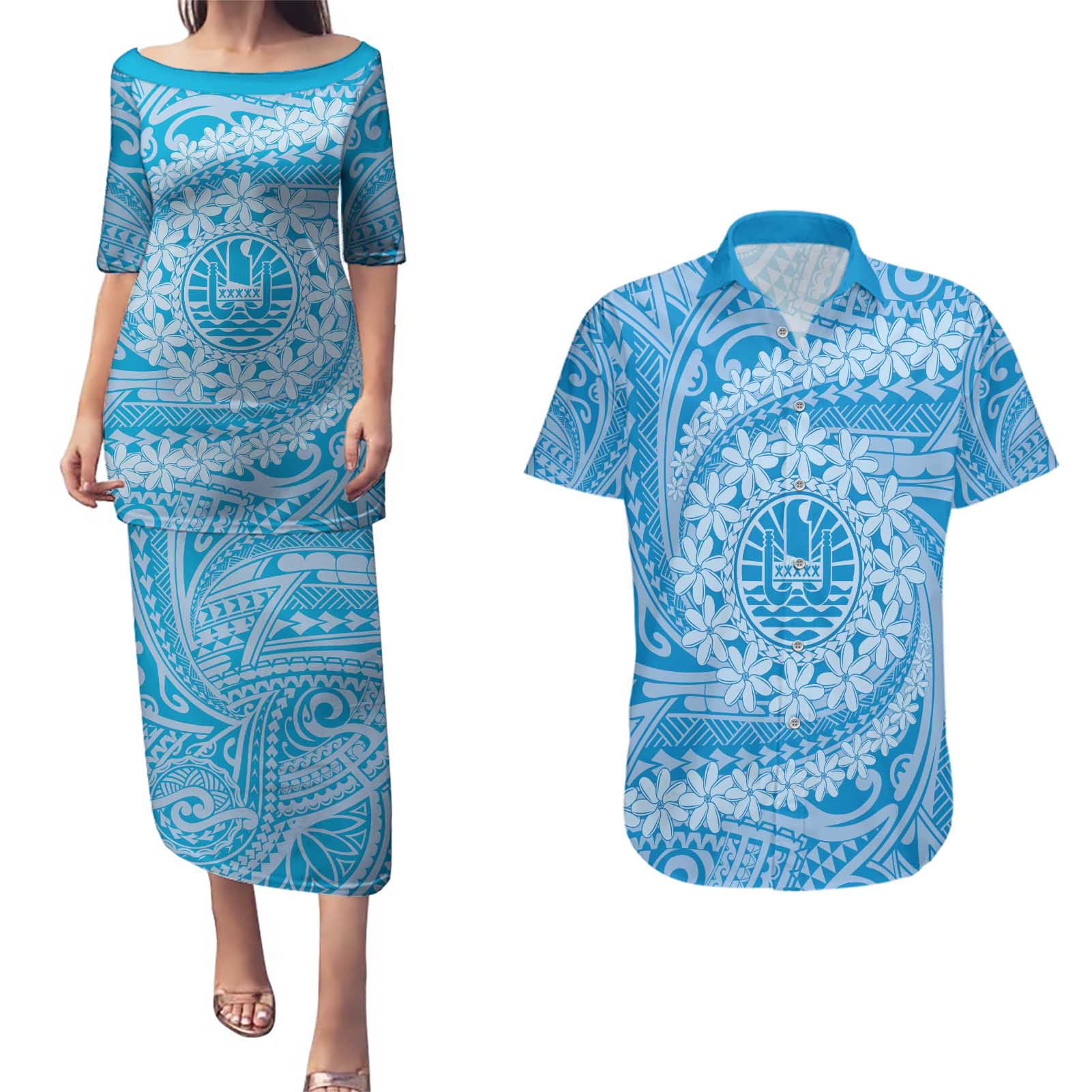 Tahitian Tiare Flower Couples Matching Puletasi and Hawaiian Shirt Blue Polynesian Pattern