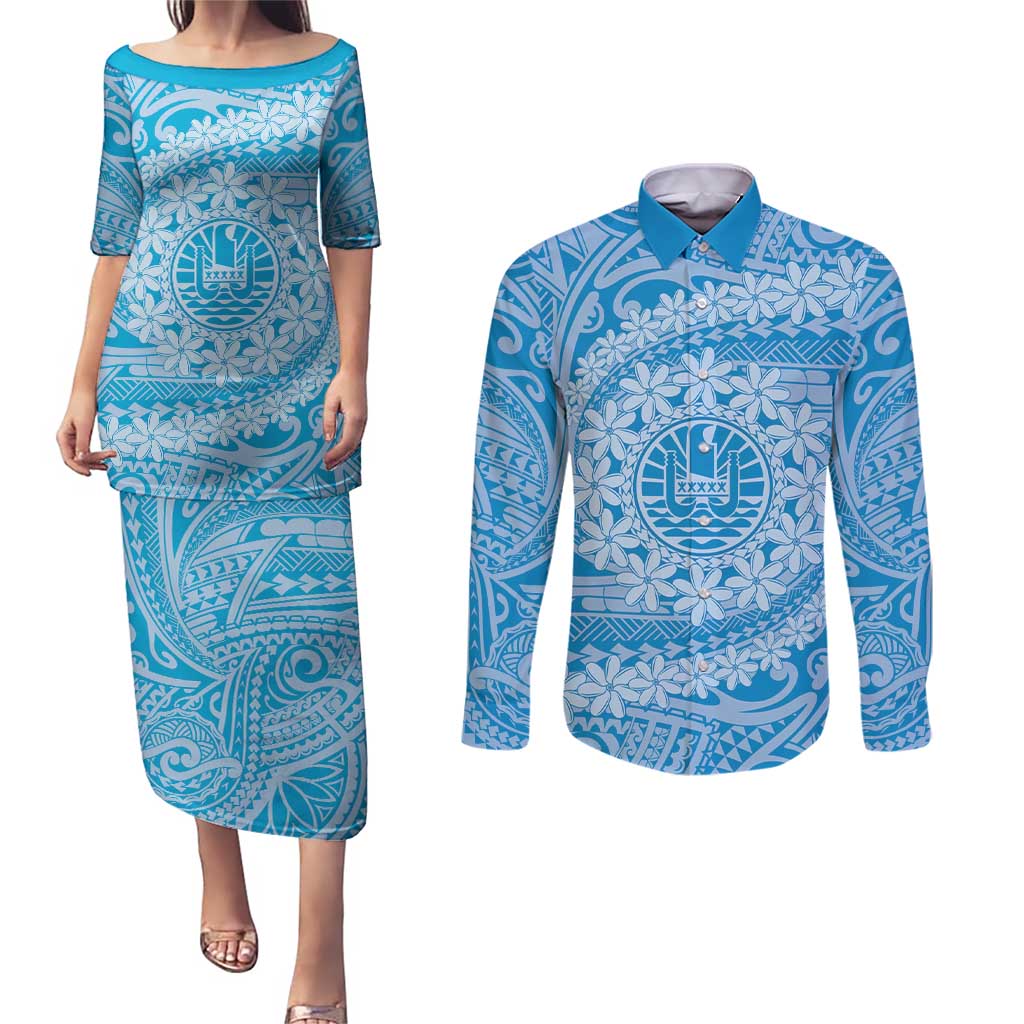 Tahitian Tiare Flower Couples Matching Puletasi and Long Sleeve Button Shirt Blue Polynesian Pattern