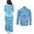 Tahitian Tiare Flower Couples Matching Puletasi and Long Sleeve Button Shirt Blue Polynesian Pattern