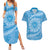 Tahitian Tiare Flower Couples Matching Summer Maxi Dress and Hawaiian Shirt Blue Polynesian Pattern