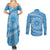 Tahitian Tiare Flower Couples Matching Summer Maxi Dress and Long Sleeve Button Shirt Blue Polynesian Pattern