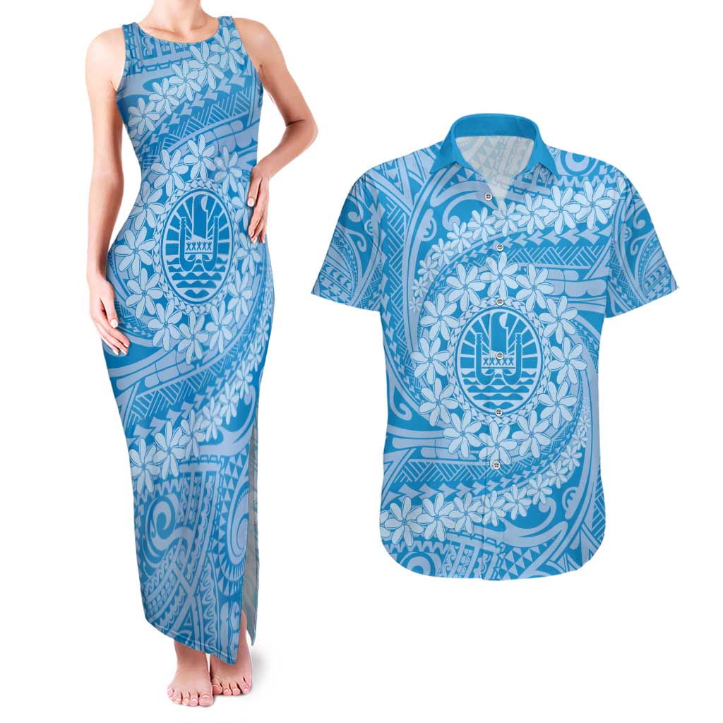 Tahitian Tiare Flower Couples Matching Tank Maxi Dress and Hawaiian Shirt Blue Polynesian Pattern