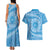 Tahitian Tiare Flower Couples Matching Tank Maxi Dress and Hawaiian Shirt Blue Polynesian Pattern