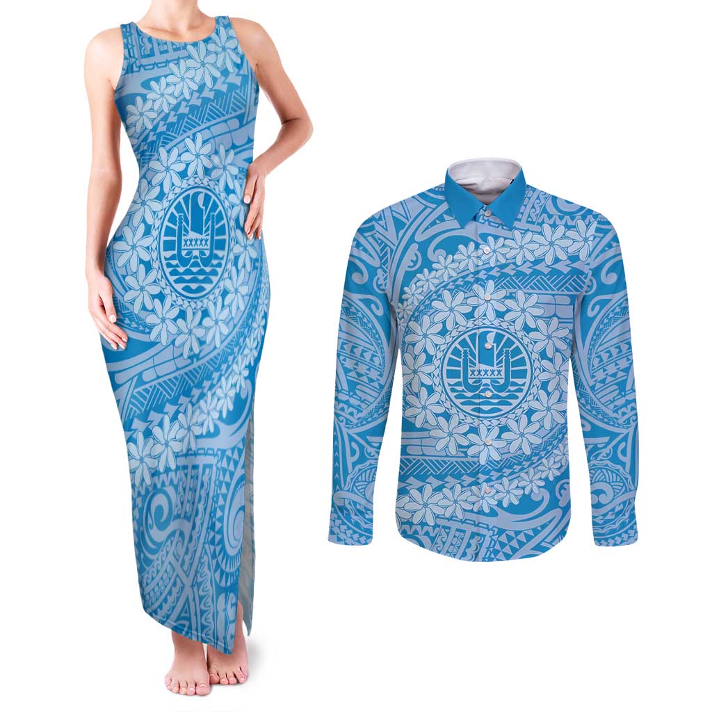 Tahitian Tiare Flower Couples Matching Tank Maxi Dress and Long Sleeve Button Shirt Blue Polynesian Pattern