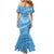 Tahitian Tiare Flower Family Matching Mermaid Dress and Hawaiian Shirt Blue Polynesian Pattern