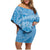 Tahitian Tiare Flower Family Matching Off Shoulder Short Dress and Hawaiian Shirt Blue Polynesian Pattern