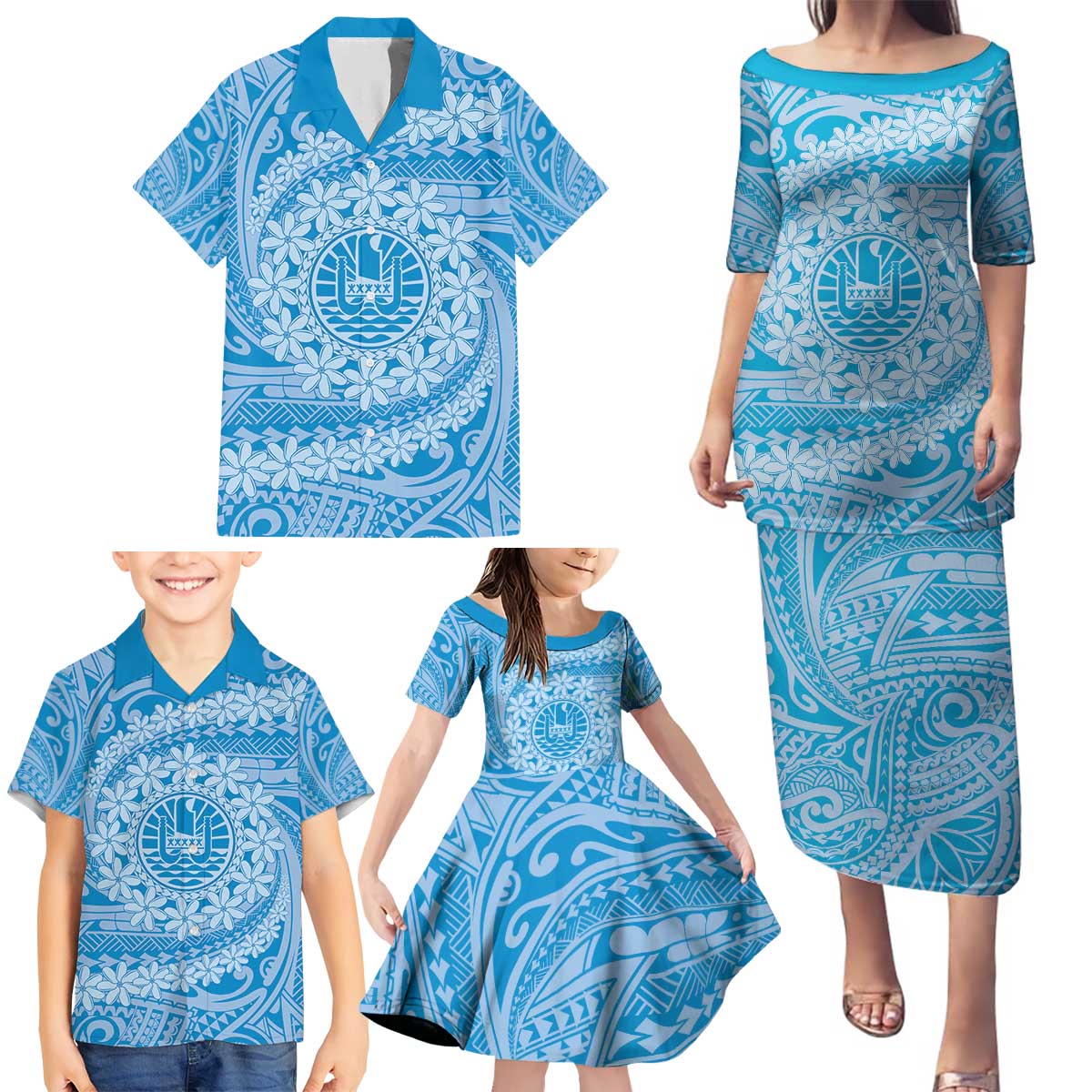 Tahitian Tiare Flower Family Matching Puletasi and Hawaiian Shirt Blue Polynesian Pattern