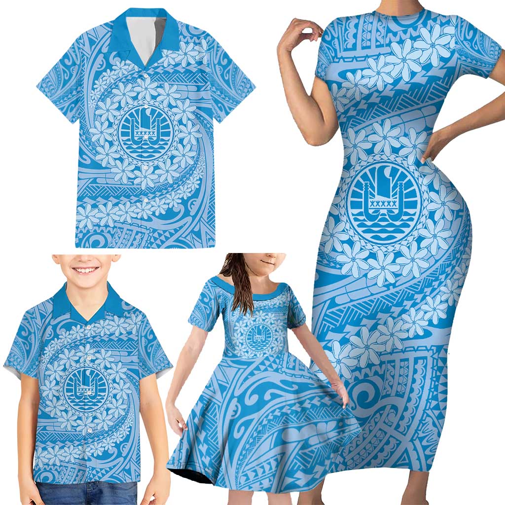 Tahitian Tiare Flower Family Matching Short Sleeve Bodycon Dress and Hawaiian Shirt Blue Polynesian Pattern