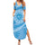 Tahitian Tiare Flower Family Matching Summer Maxi Dress and Hawaiian Shirt Blue Polynesian Pattern