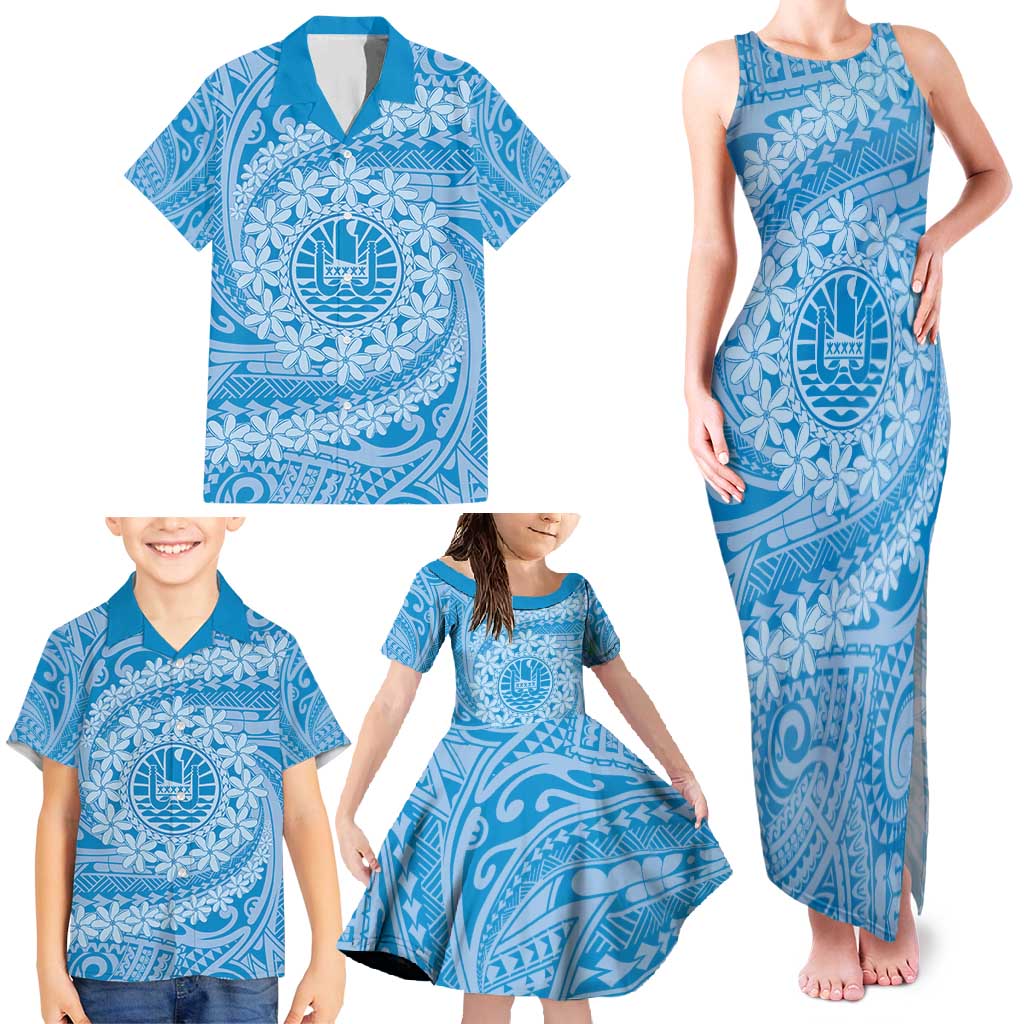 Tahitian Tiare Flower Family Matching Tank Maxi Dress and Hawaiian Shirt Blue Polynesian Pattern