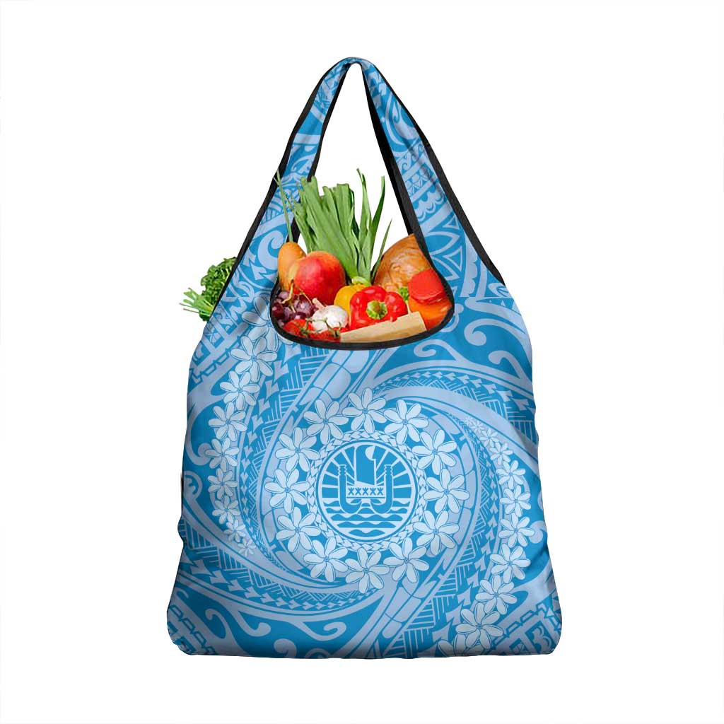 Tahitian Tiare Flower Grocery Bag Blue Polynesian Pattern