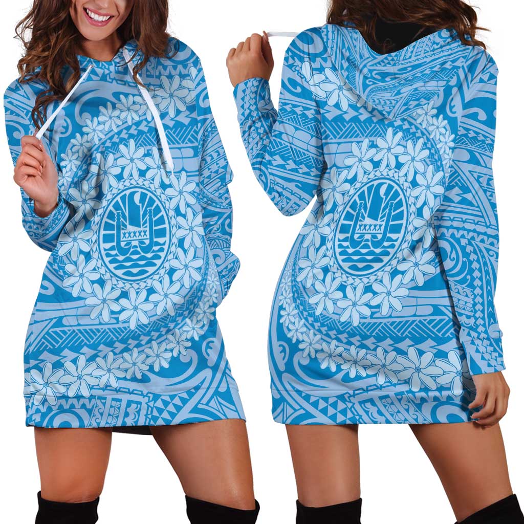 Tahitian Tiare Flower Hoodie Dress Blue Polynesian Pattern LT9 - Polynesian Pride