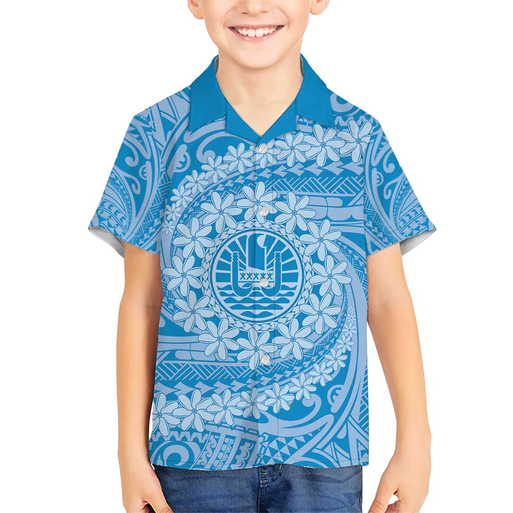 Tahitian Tiare Flower Kid Hawaiian Shirt Blue Polynesian Pattern