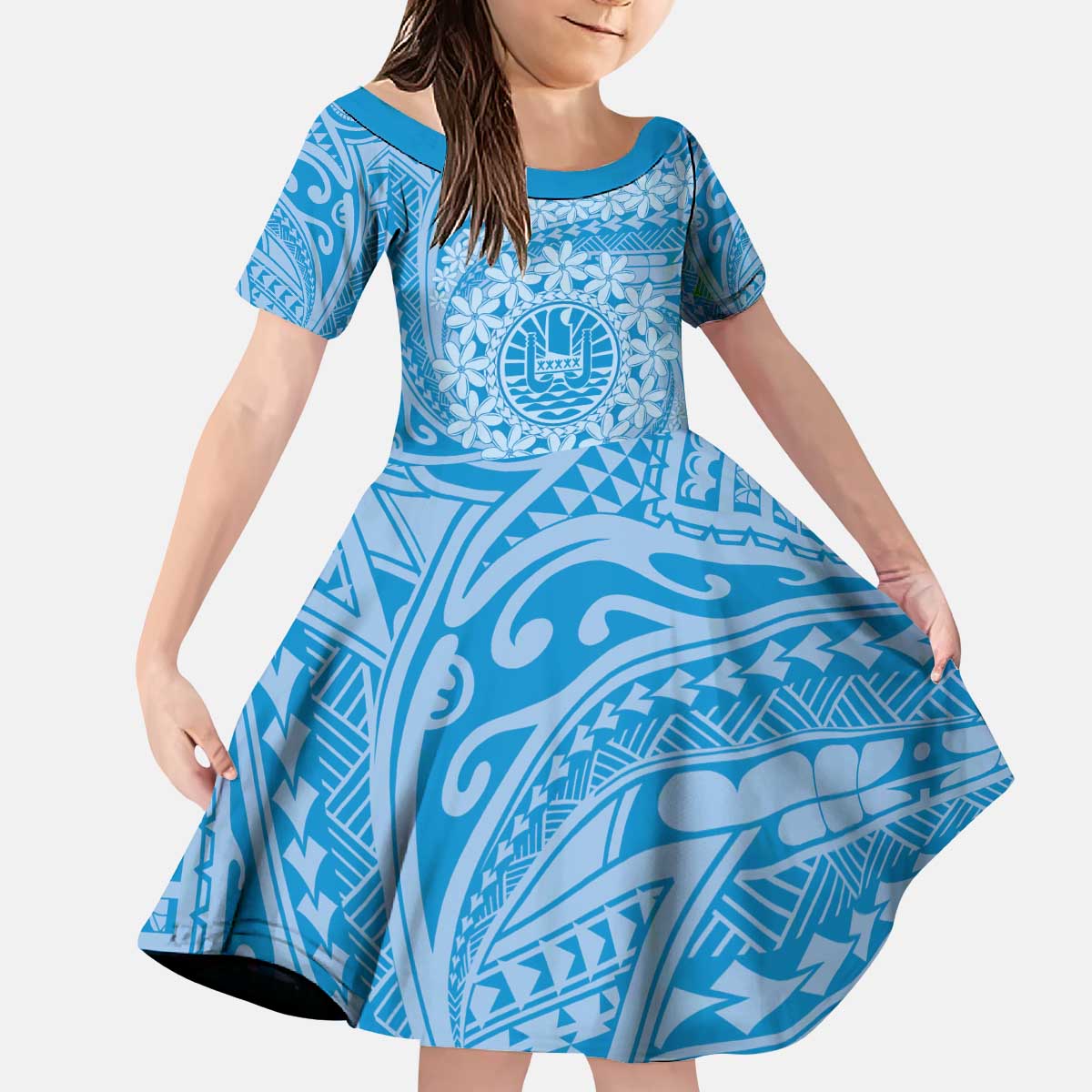 Tahitian Tiare Flower Kid Short Sleeve Dress Blue Polynesian Pattern LT9 KID Blue - Polynesian Pride