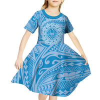 Tahitian Tiare Flower Kid Short Sleeve Dress Blue Polynesian Pattern LT9 - Polynesian Pride
