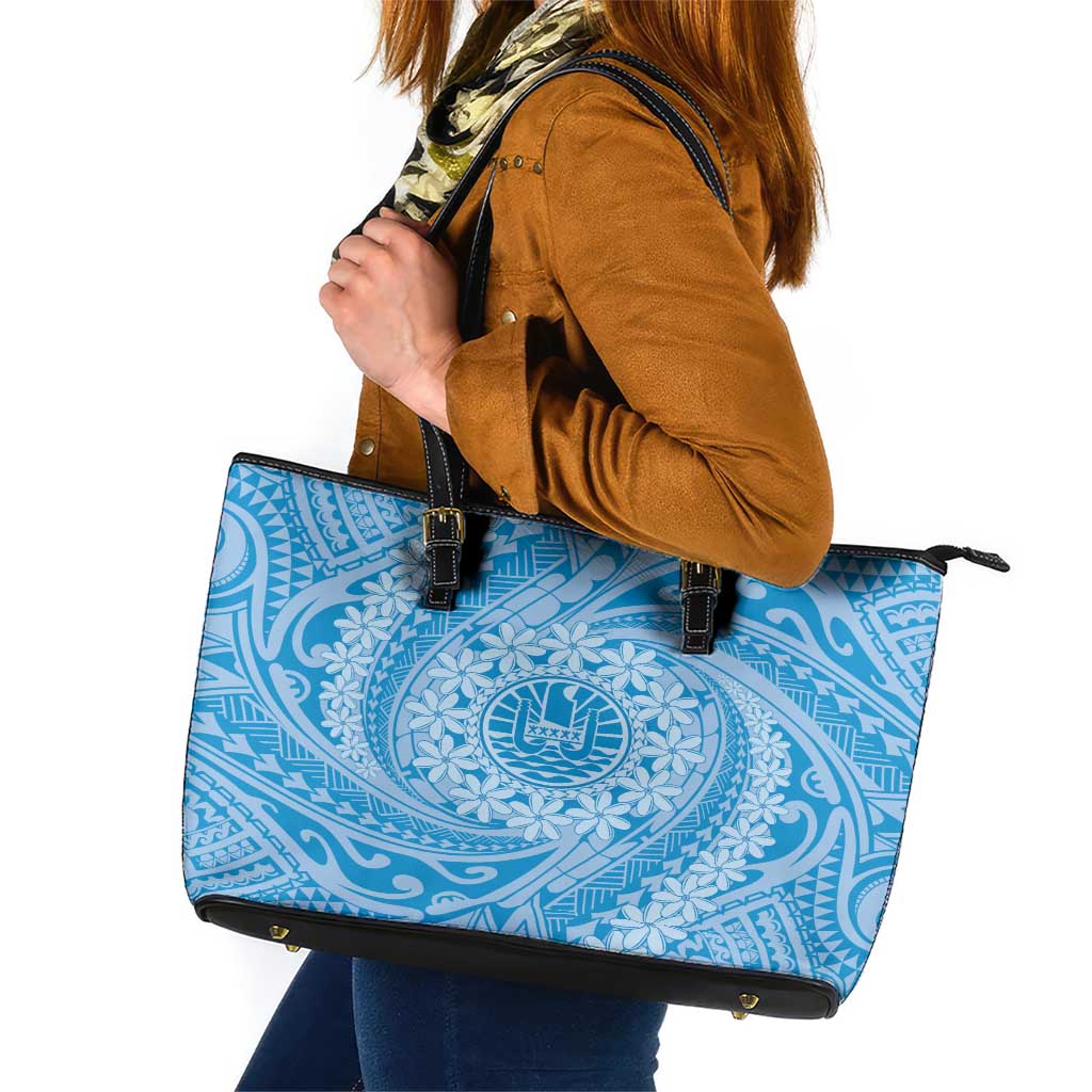 Tahitian Tiare Flower Leather Tote Bag Blue Polynesian Pattern