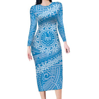 Tahitian Tiare Flower Long Sleeve Bodycon Dress Blue Polynesian Pattern LT9 Long Dress Blue - Polynesian Pride