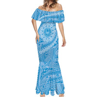 Tahitian Tiare Flower Mermaid Dress Blue Polynesian Pattern LT9 - Polynesian Pride