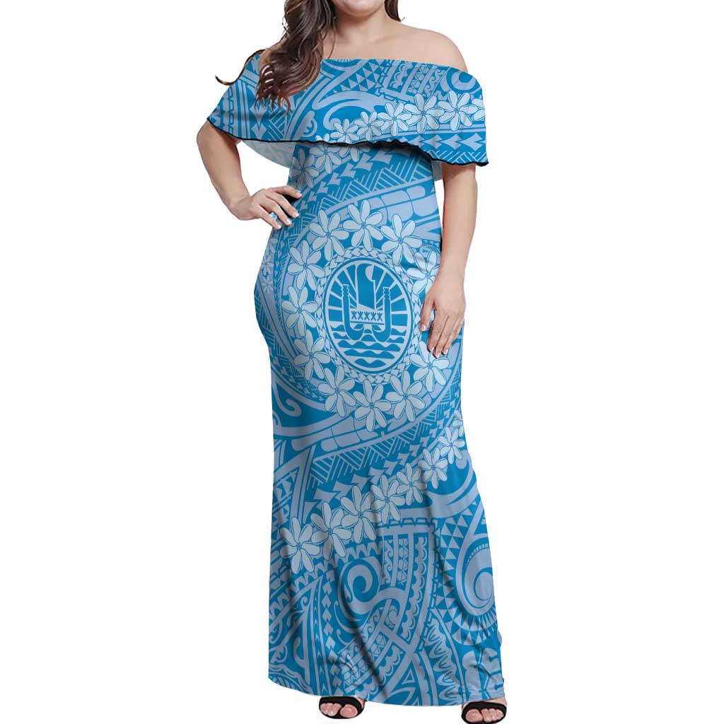 Tahitian Tiare Flower Off Shoulder Maxi Dress Blue Polynesian Pattern