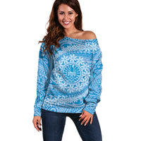 Tahitian Tiare Flower Off Shoulder Sweater Blue Polynesian Pattern LT9 Women Blue - Polynesian Pride