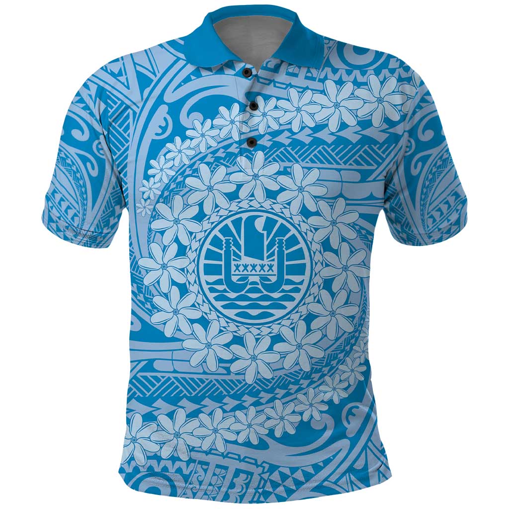 Tahitian Tiare Flower Polo Shirt Blue Polynesian Pattern