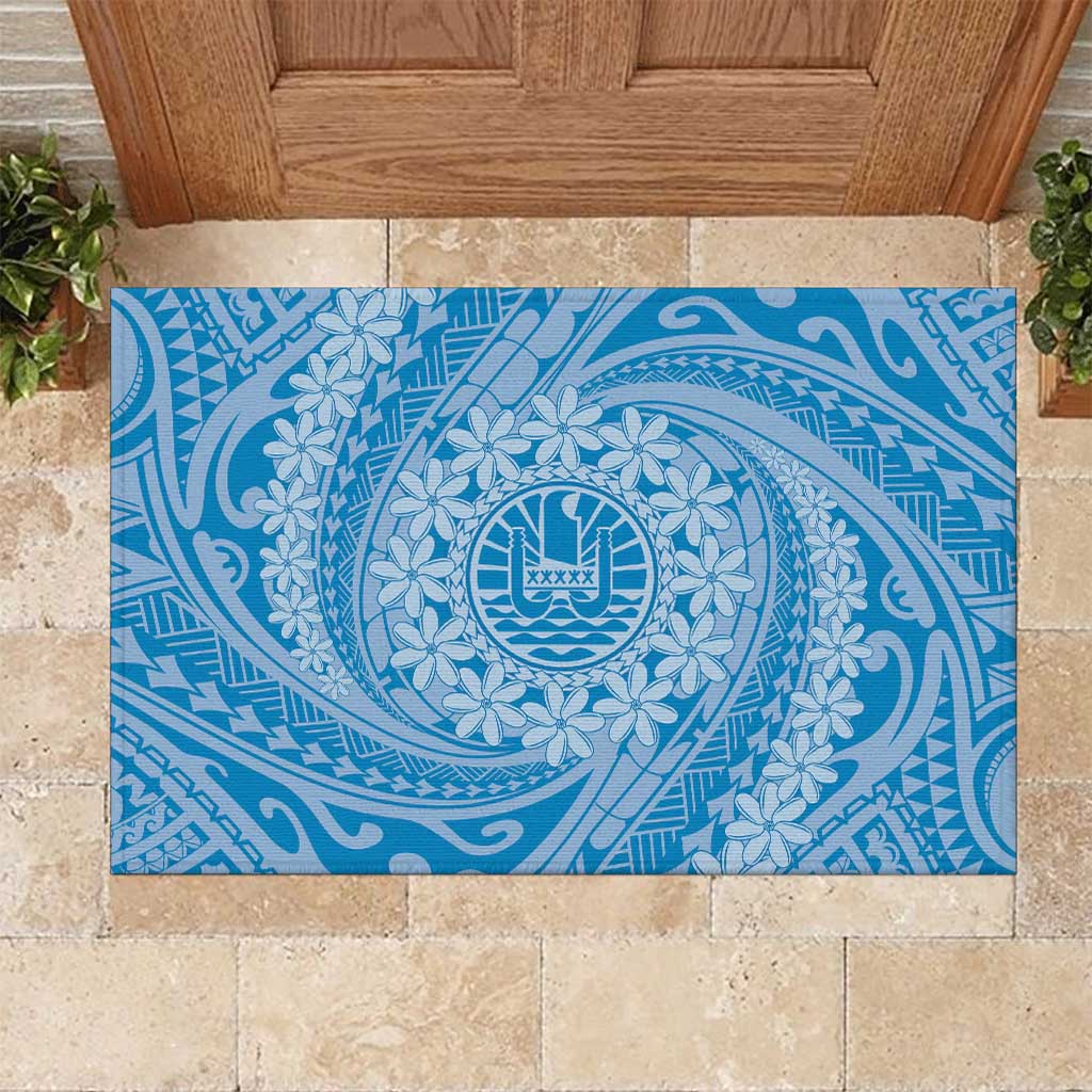 Tahitian Tiare Flower Rubber Doormat Blue Polynesian Pattern