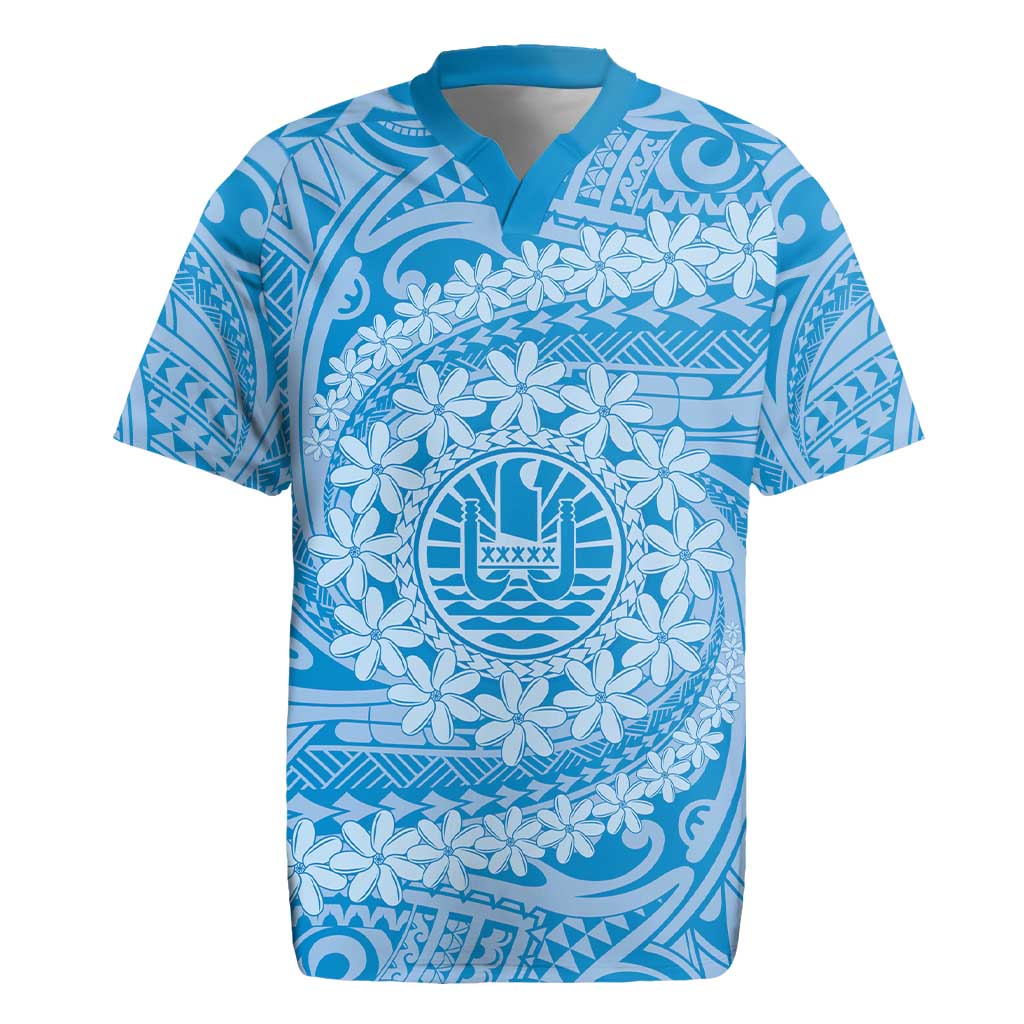 Tahitian Tiare Flower Rugby Jersey Blue Polynesian Pattern